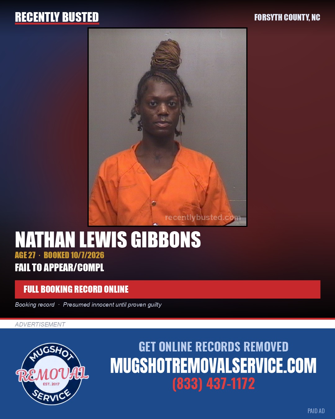 NATHAN LEWIS GIBBONS — arrest record card, Forsyth County, North Carolina