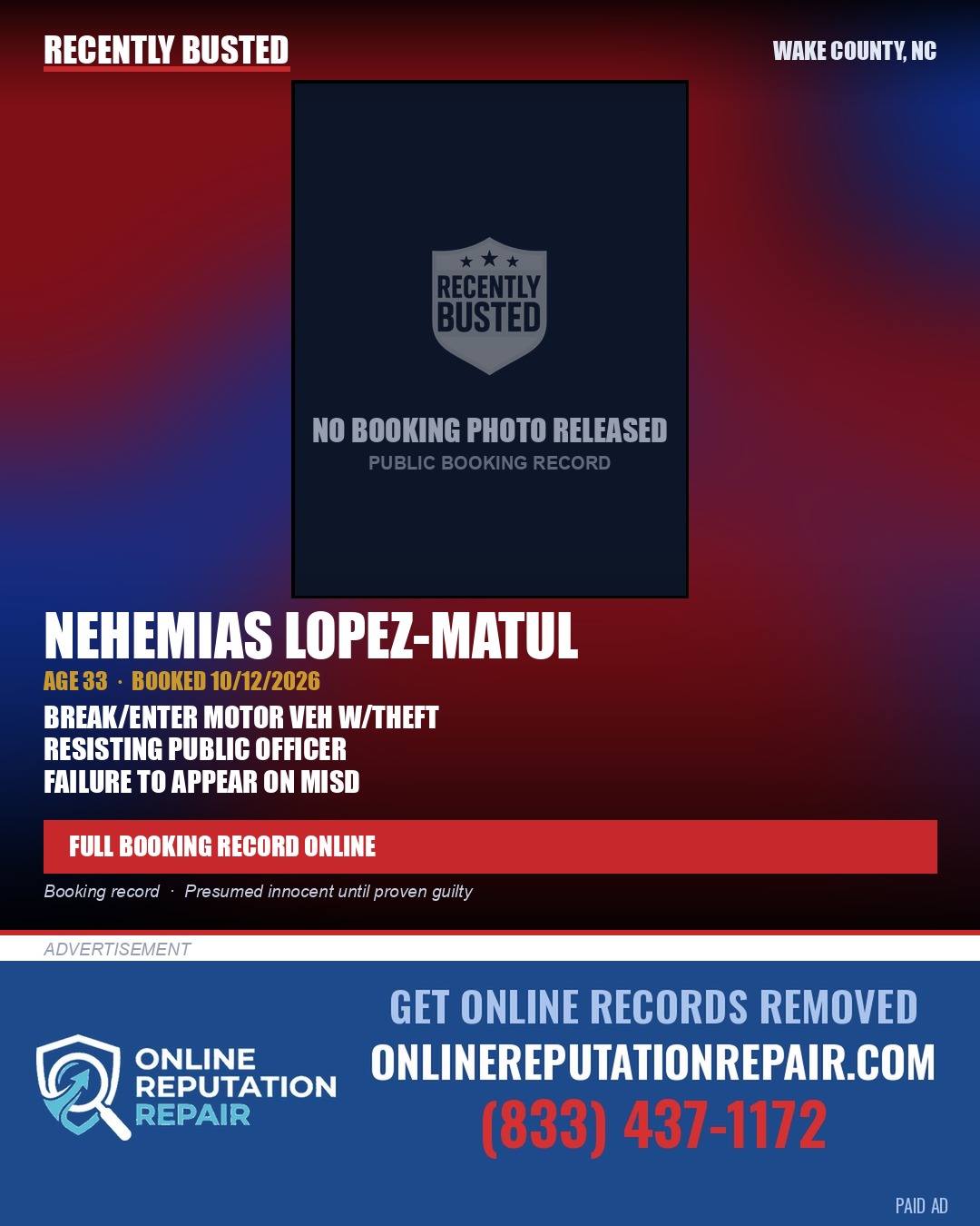 NEHEMIAS LOPEZ-MATUL — arrest record card, Wake County, North Carolina