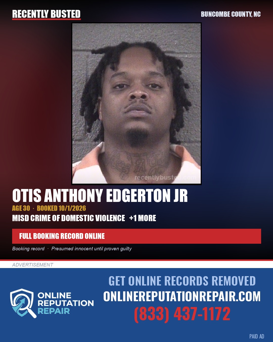 OTIS ANTHONY EDGERTON JR — arrest record card, Buncombe County, North Carolina