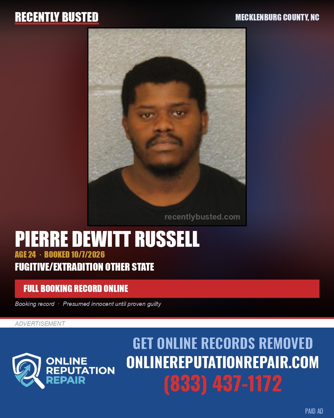 PIERRE DEWITT RUSSELL — arrest record card, Mecklenburg County, North Carolina
