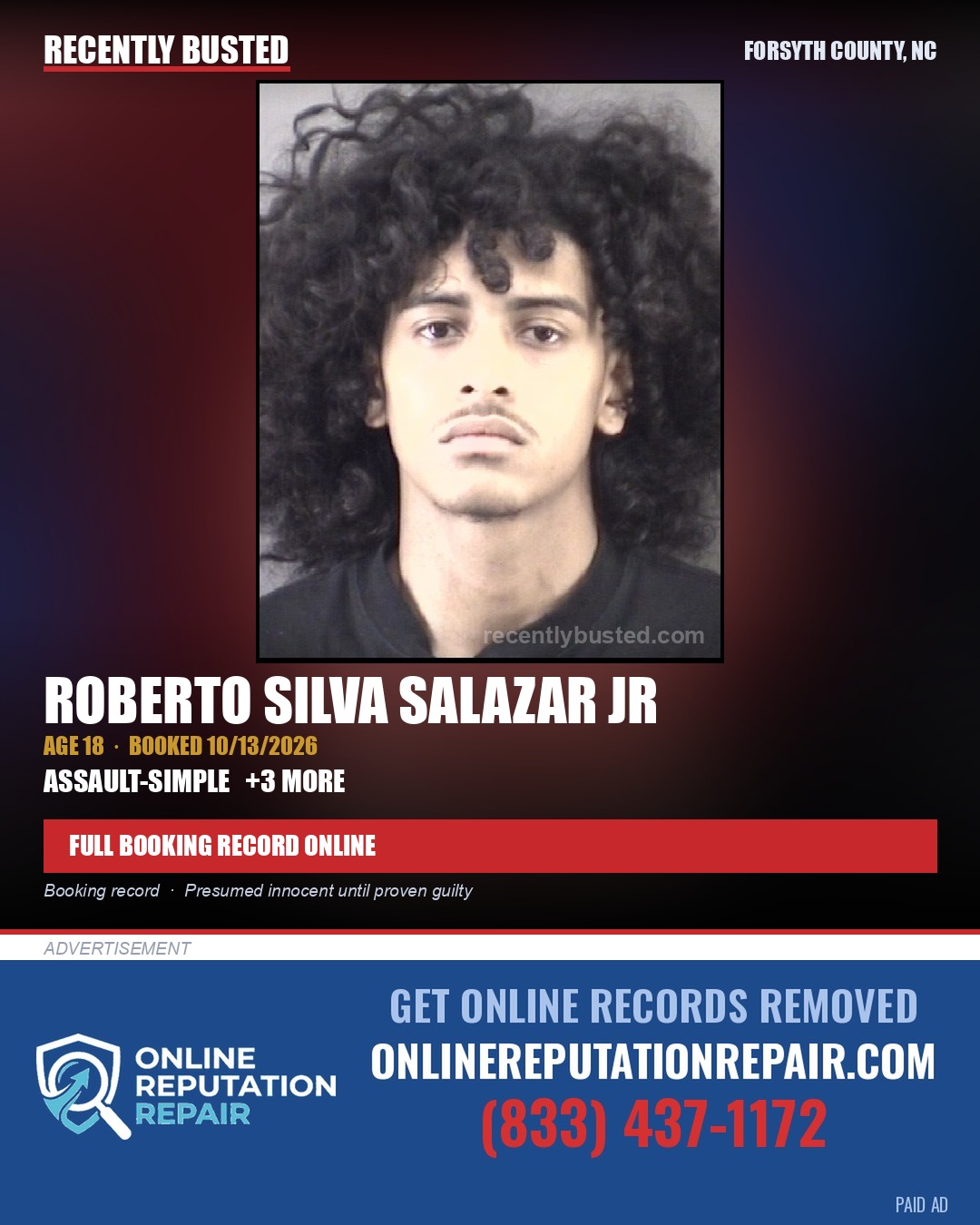 ROBERTO SILVA SALAZAR JR — arrest record card, Forsyth County, North Carolina
