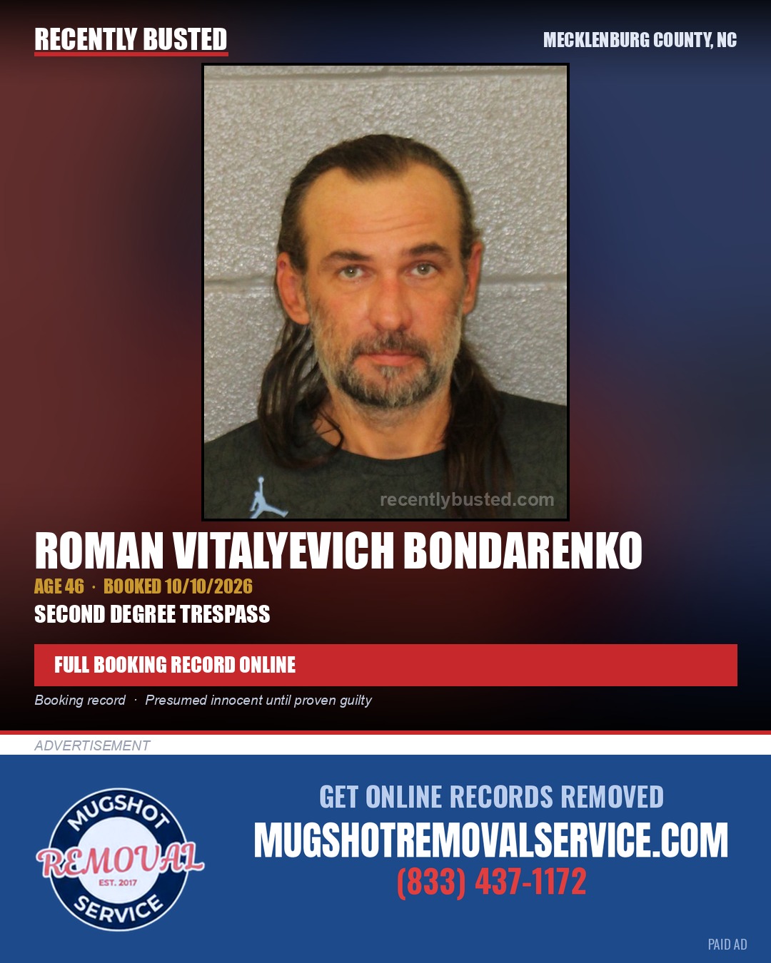 ROMAN VITALYEVICH BONDARENKO — arrest record card, Mecklenburg County, North Carolina