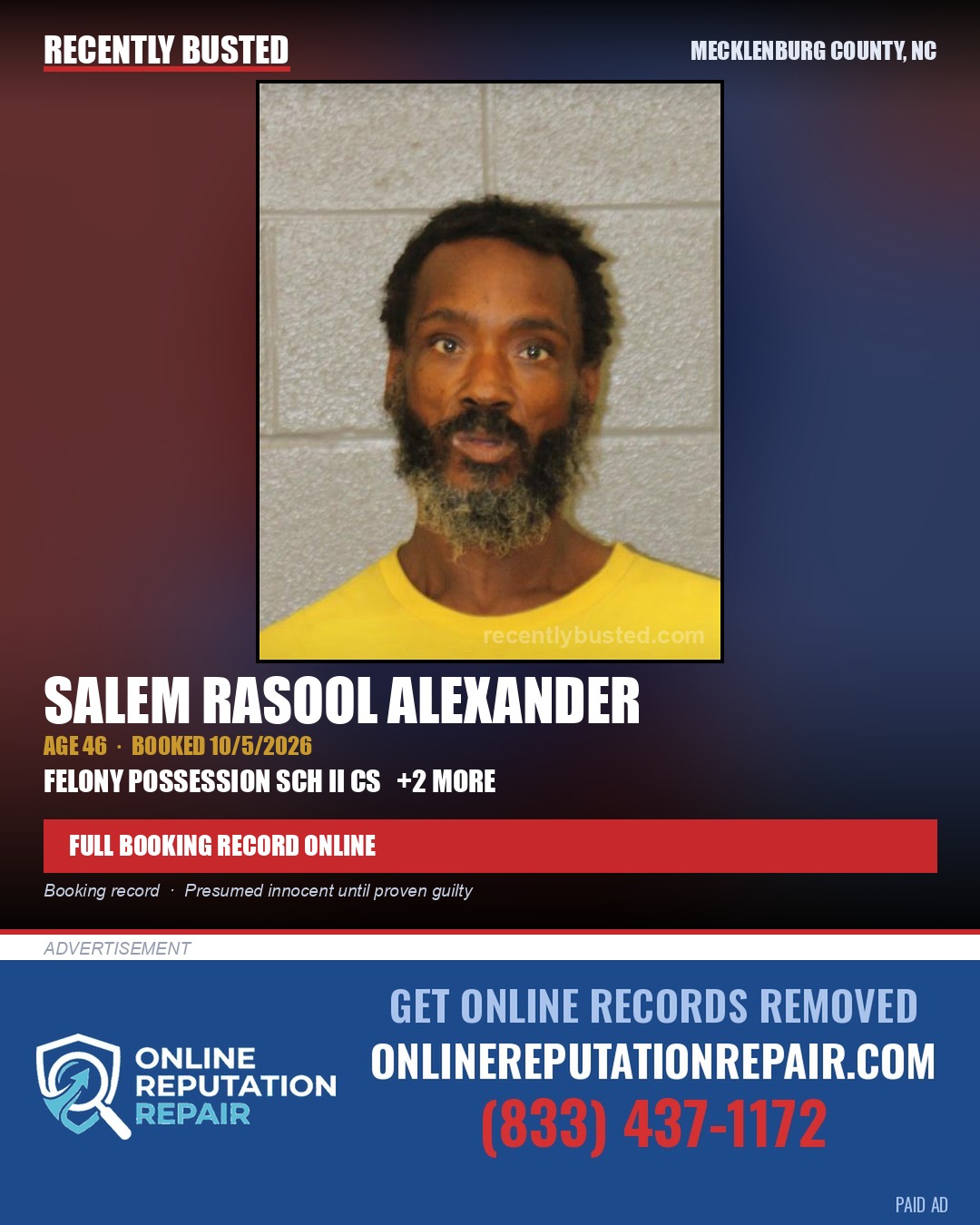 SALEM RASOOL ALEXANDER — arrest record card, Mecklenburg County, North Carolina