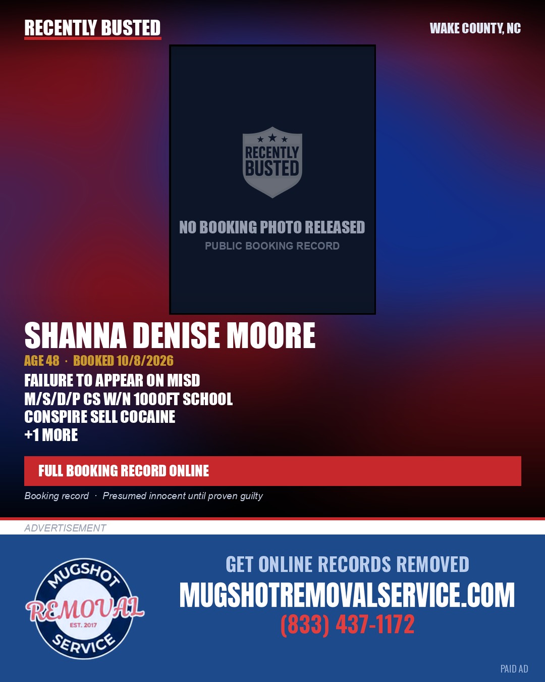 SHANNA DENISE MOORE — arrest record card, Wake County, North Carolina