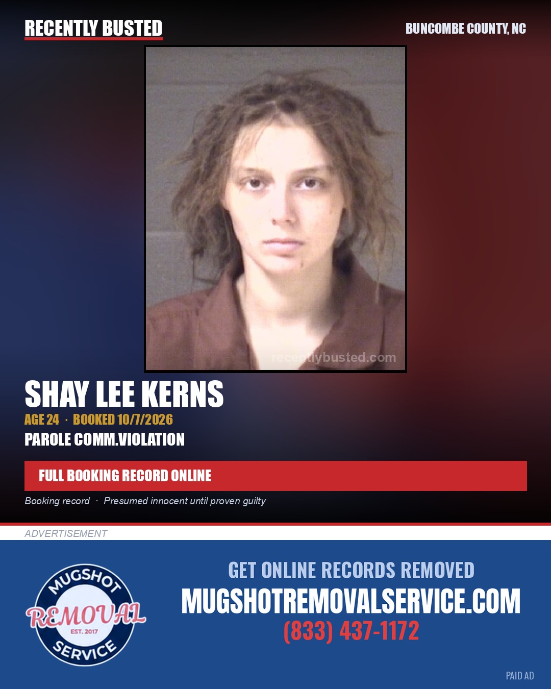 SHAY LEE KERNS — arrest record card, Buncombe County, North Carolina