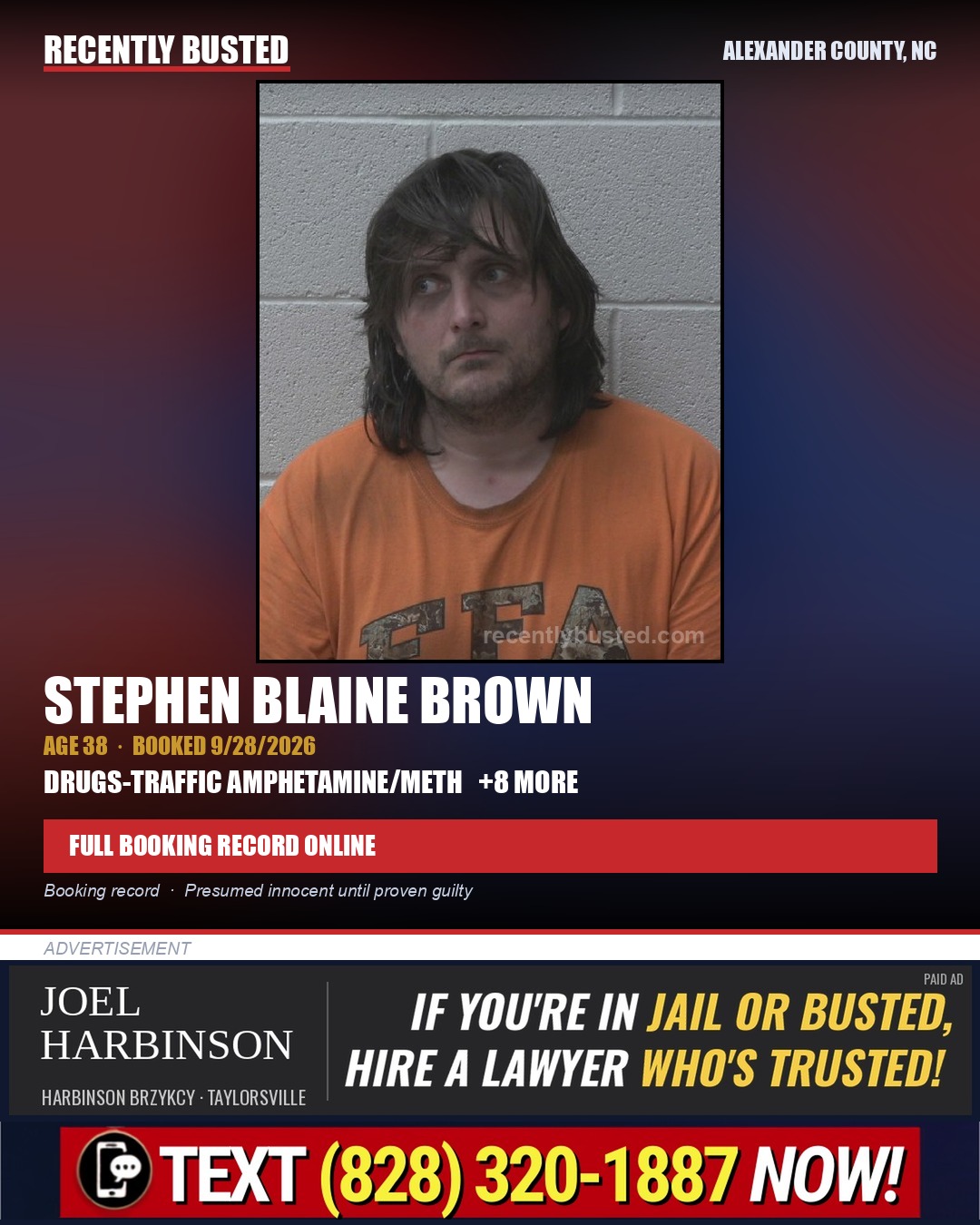 STEPHEN BLAINE BROWN — arrest record card, Alexander County, North Carolina