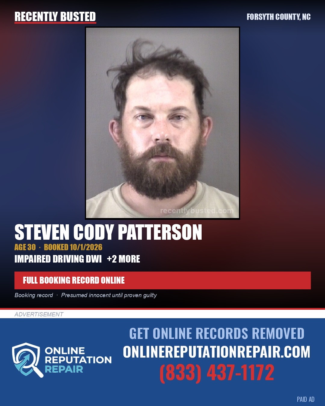 STEVEN CODY PATTERSON — arrest record card, Forsyth County, North Carolina