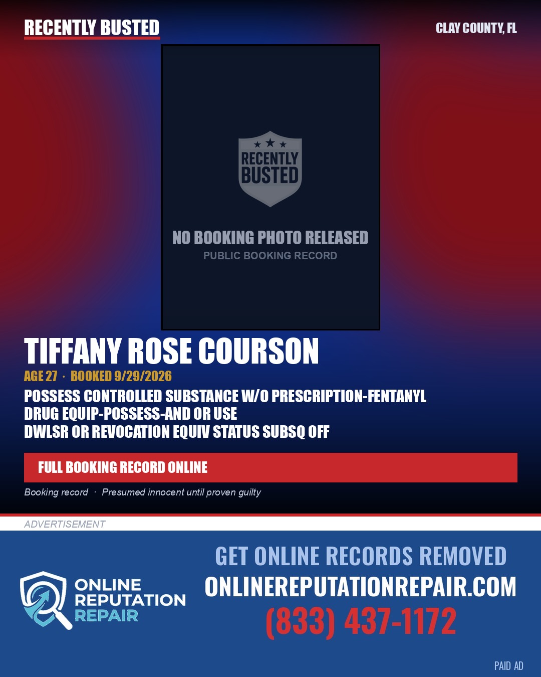 TIFFANY ROSE COURSON — arrest record card, Clay County, Florida
