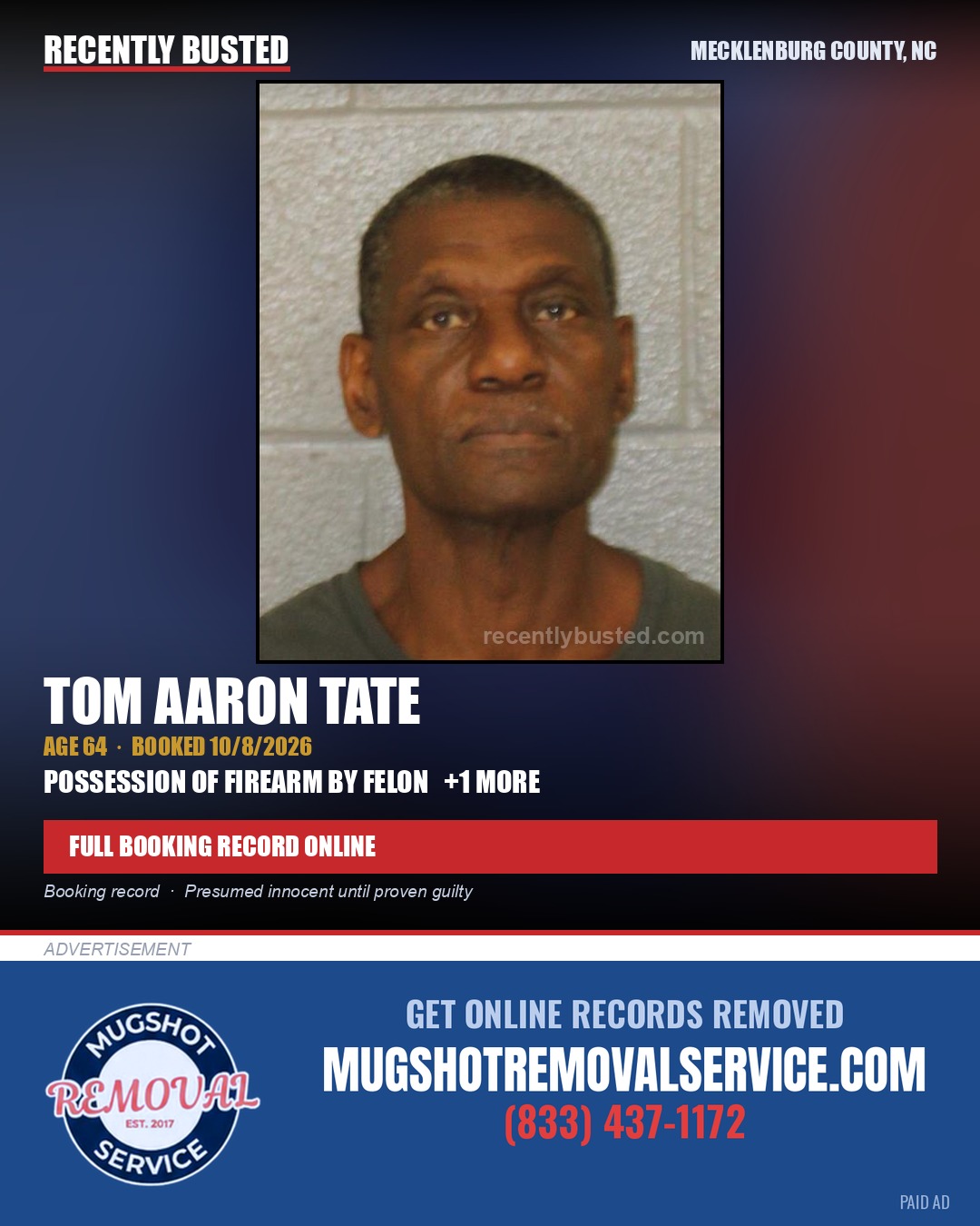 TOM AARON TATE — arrest record card, Mecklenburg County, North Carolina