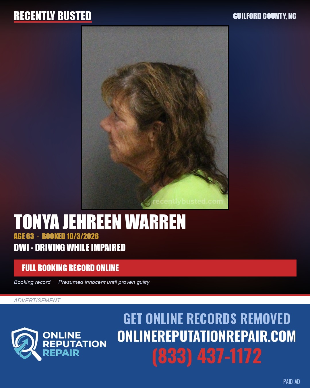 TONYA JEHREEN WARREN — arrest record card, Guilford County, North Carolina