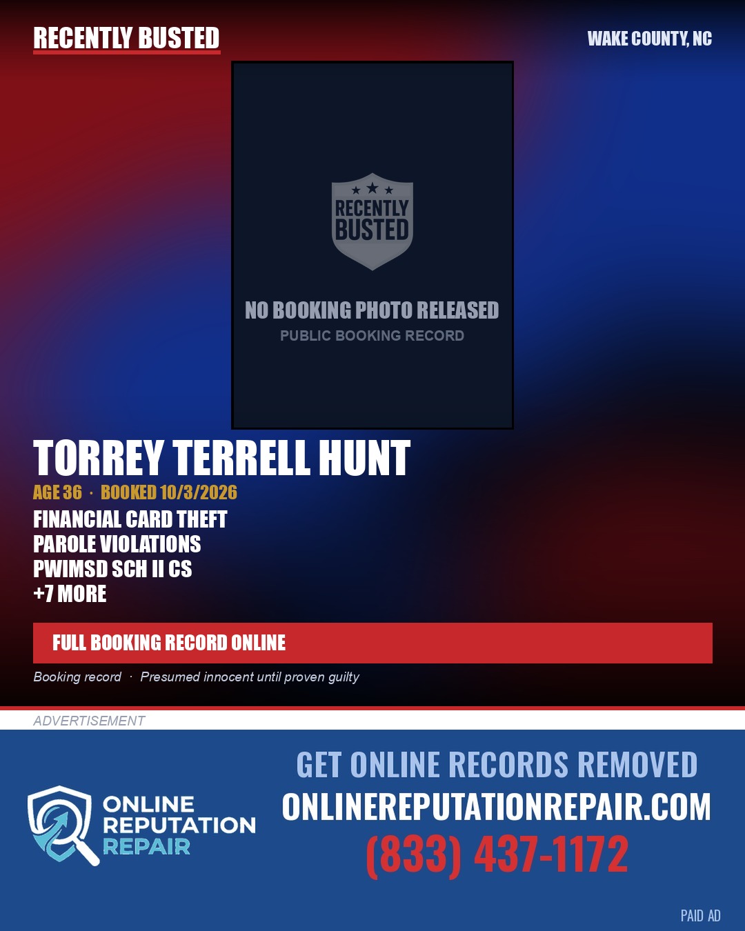 TORREY TERRELL HUNT — arrest record card, Wake County, North Carolina