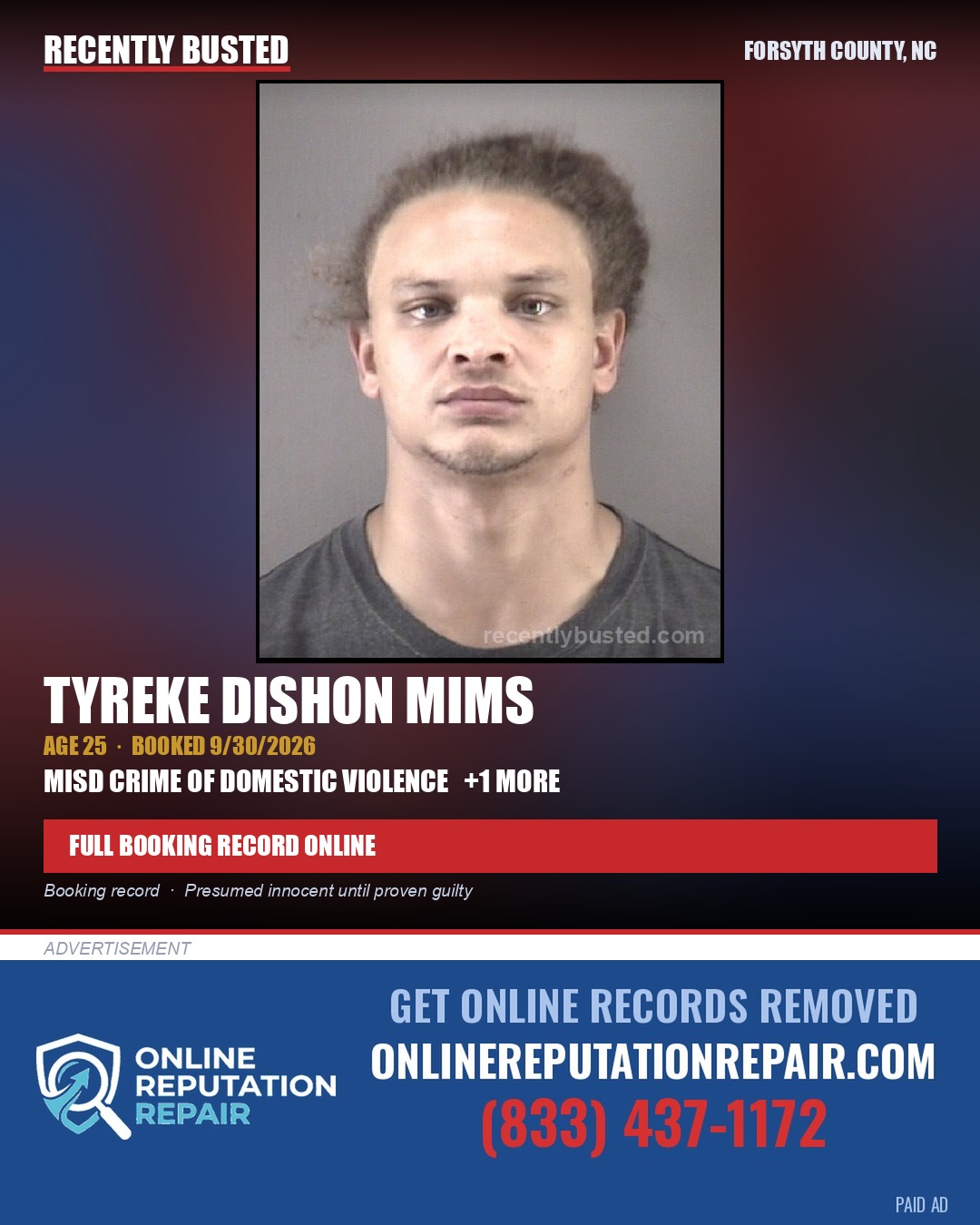 TYREKE DISHON MIMS — arrest record card, Forsyth County, North Carolina