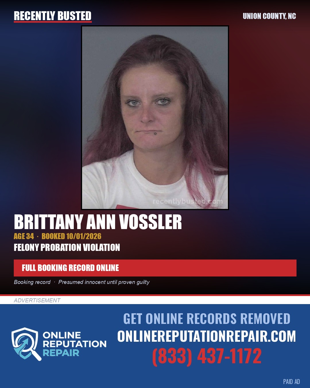 VOSSLER, BRITTANY ANN — arrest record card, Union County, North Carolina