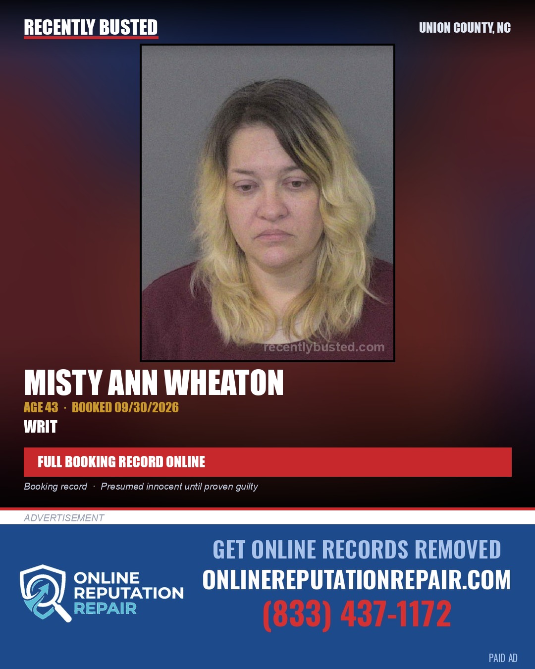 WHEATON, MISTY ANN — arrest record card, Union County, North Carolina