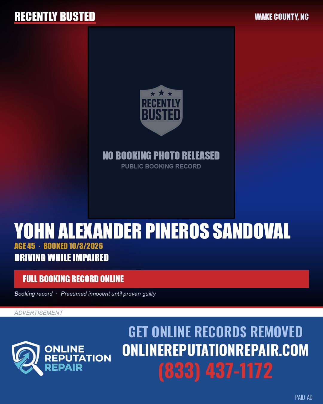 YOHN ALEXANDER PINEROS SANDOVAL — arrest record card, Wake County, North Carolina