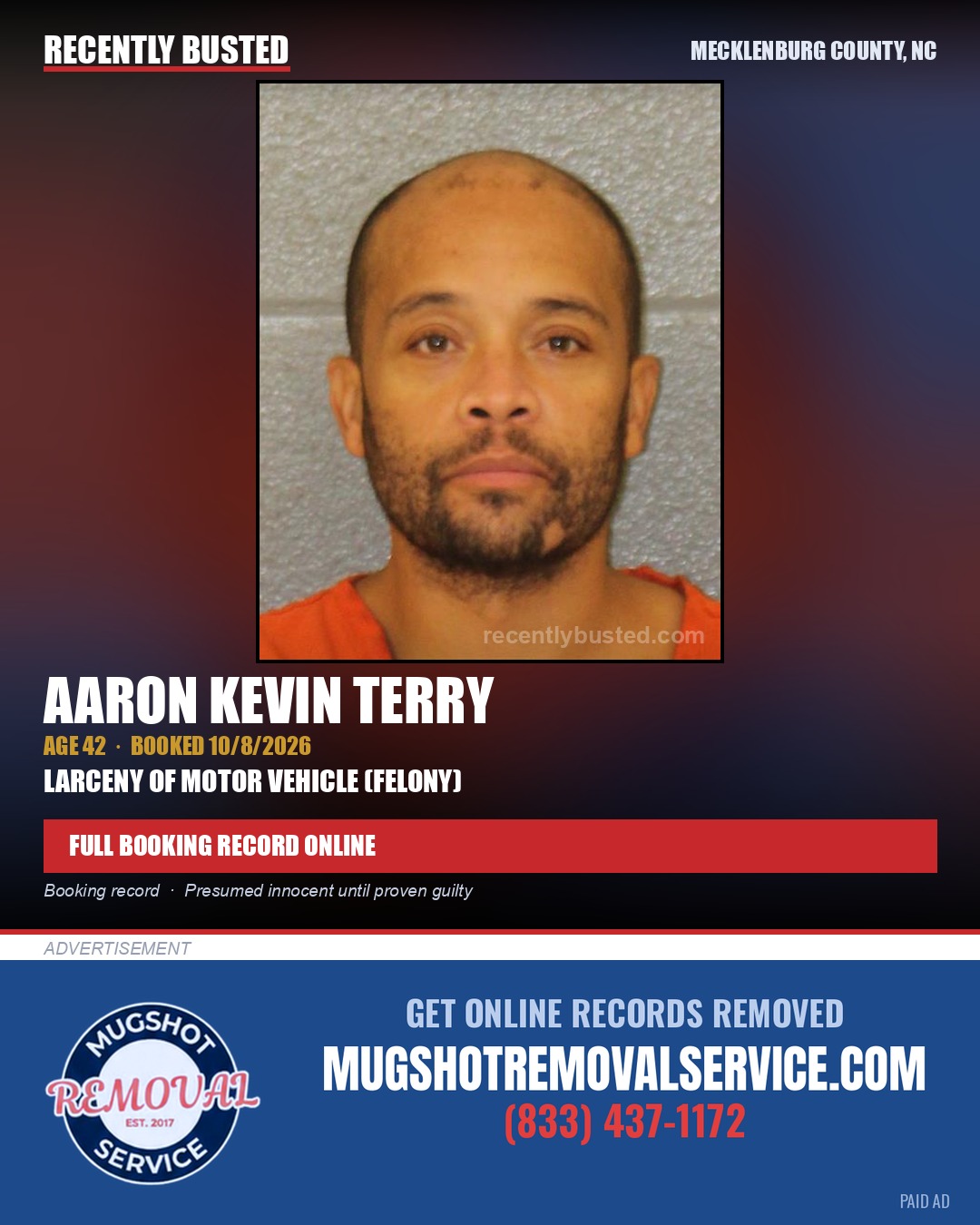 AARON KEVIN TERRY — arrest record card, Mecklenburg County, North Carolina