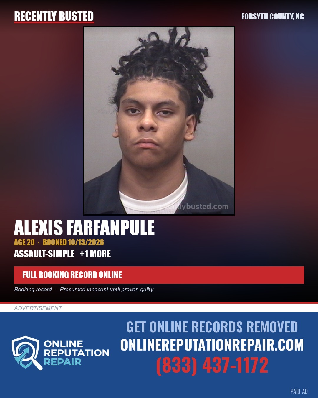 ALEXIS FARFANPULE — arrest record card, Forsyth County, North Carolina