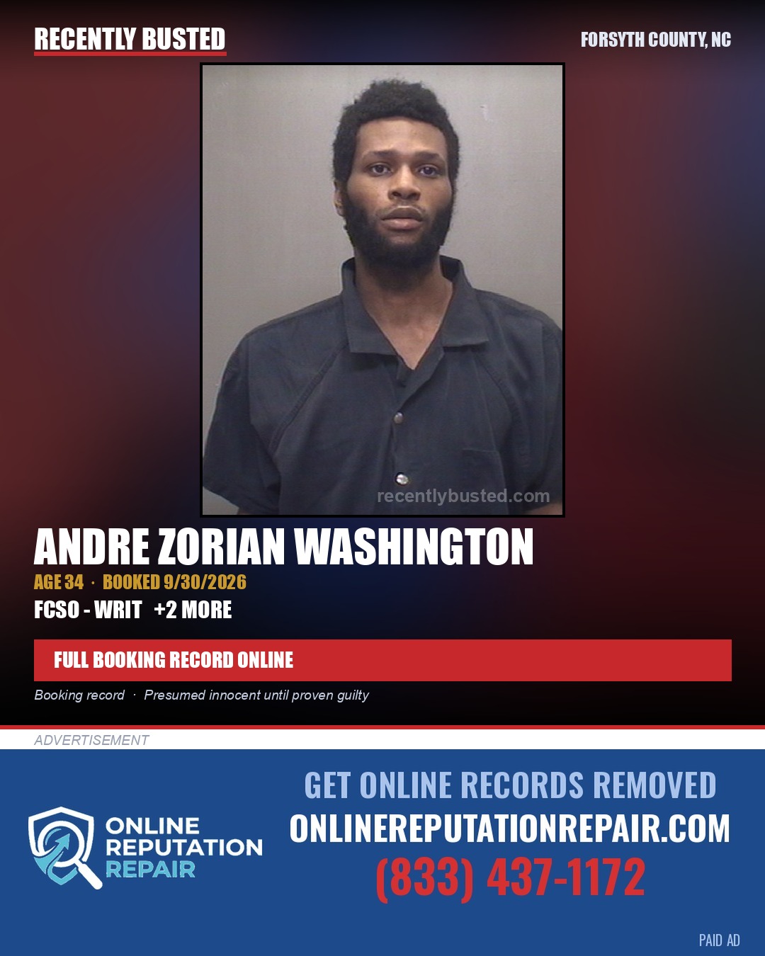 ANDRE ZORIAN WASHINGTON — arrest record card, Forsyth County, North Carolina
