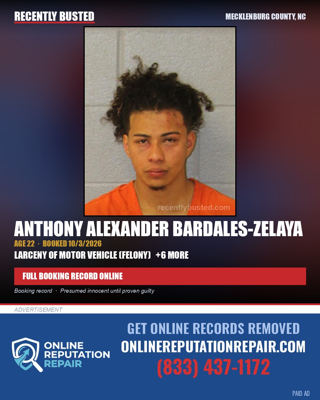 ANTHONY ALEXANDER BARDALES-ZELAYA — arrest record card, Mecklenburg County, North Carolina