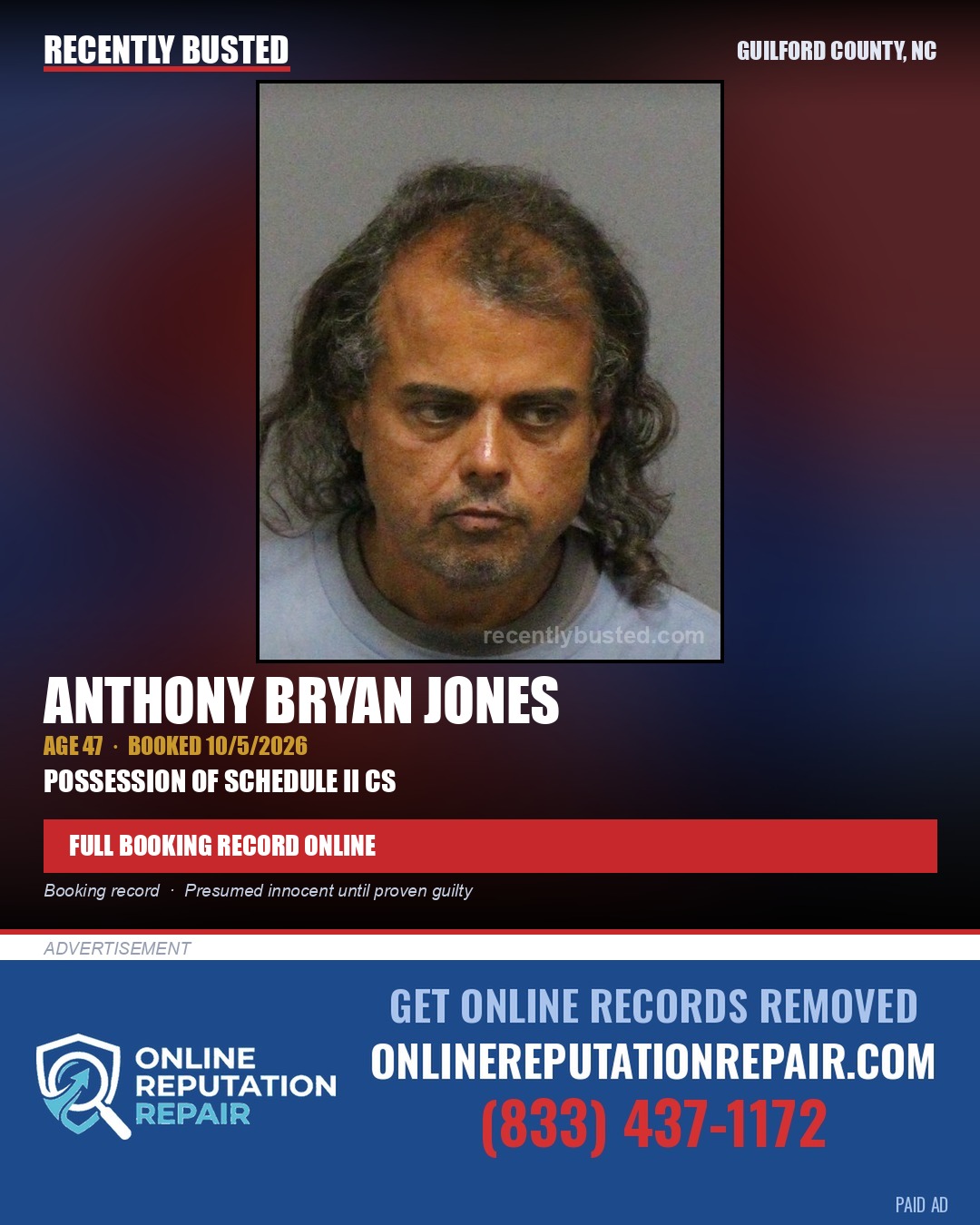 ANTHONY BRYAN JONES — arrest record card, Guilford County, North Carolina