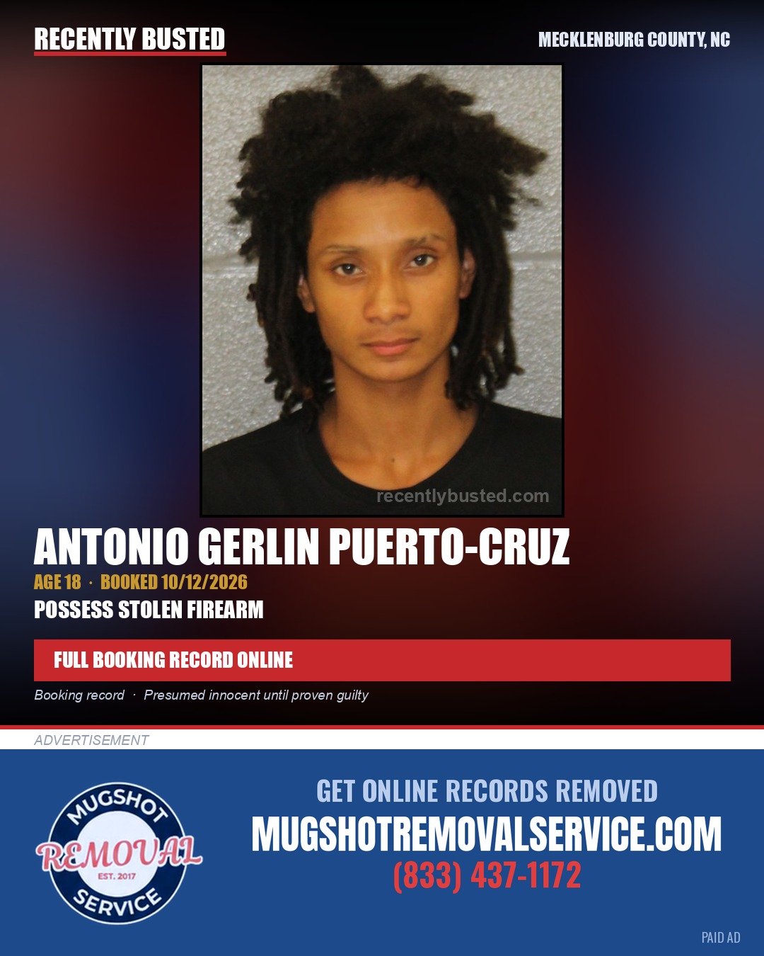 ANTONIO GERLIN PUERTO-CRUZ — arrest record card, Mecklenburg County, North Carolina