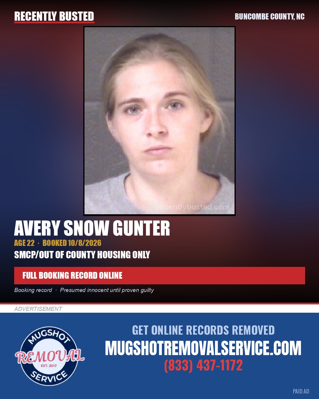 AVERY SNOW GUNTER — arrest record card, Buncombe County, North Carolina