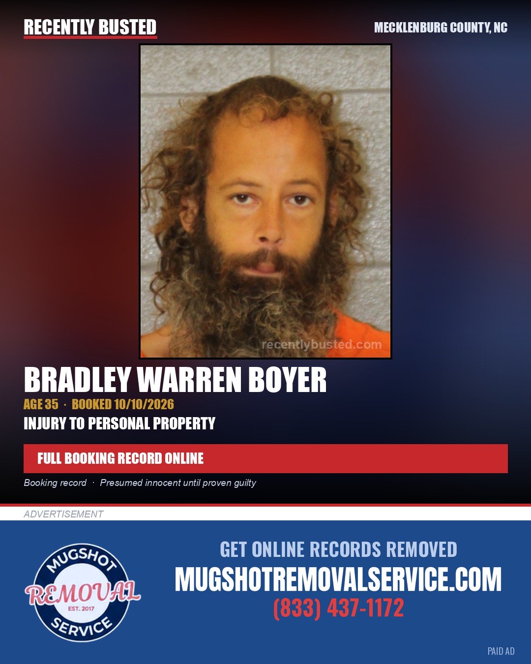 BRADLEY WARREN BOYER — arrest record card, Mecklenburg County, North Carolina