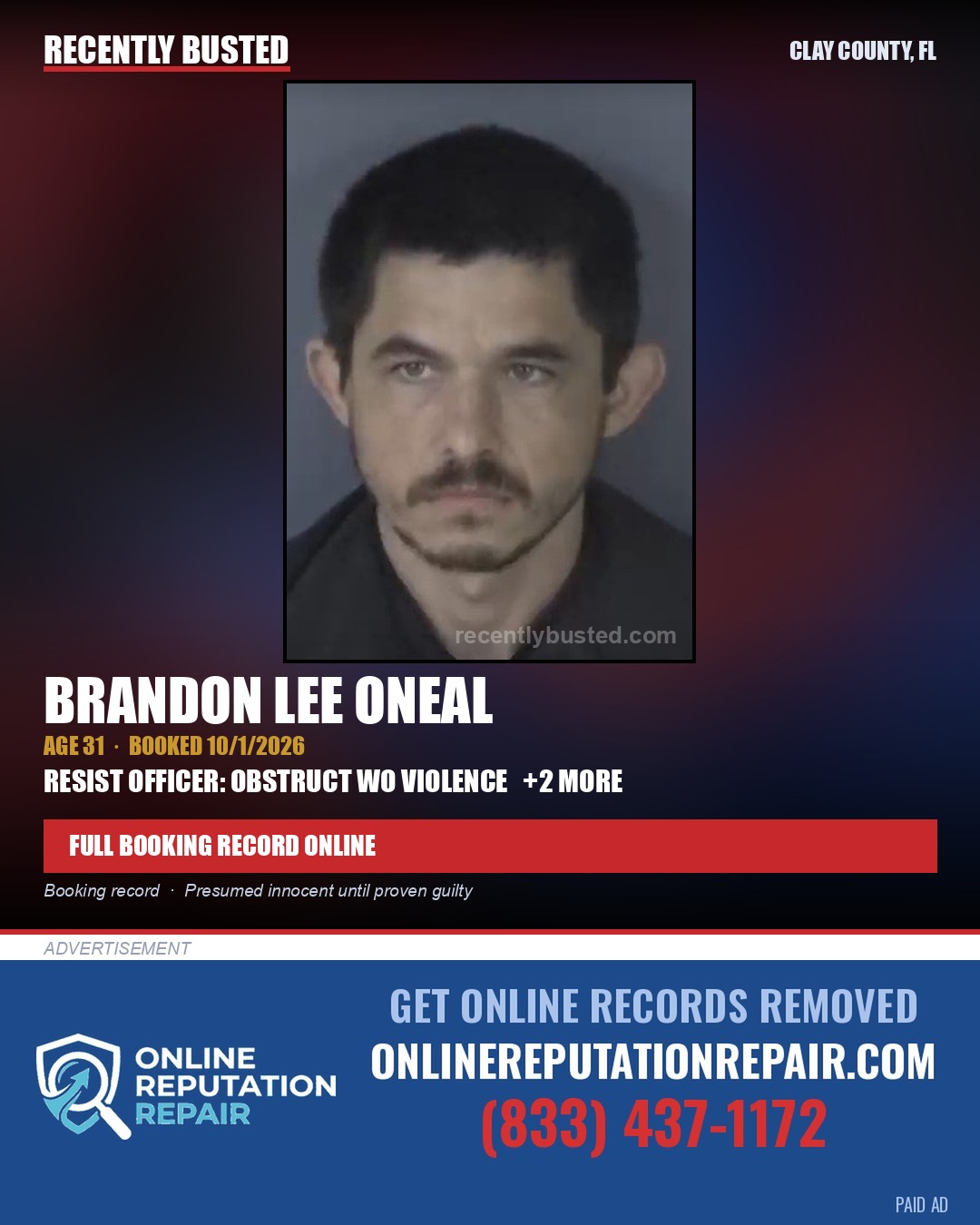 BRANDON LEE ONEAL — arrest record card, Clay County, Florida