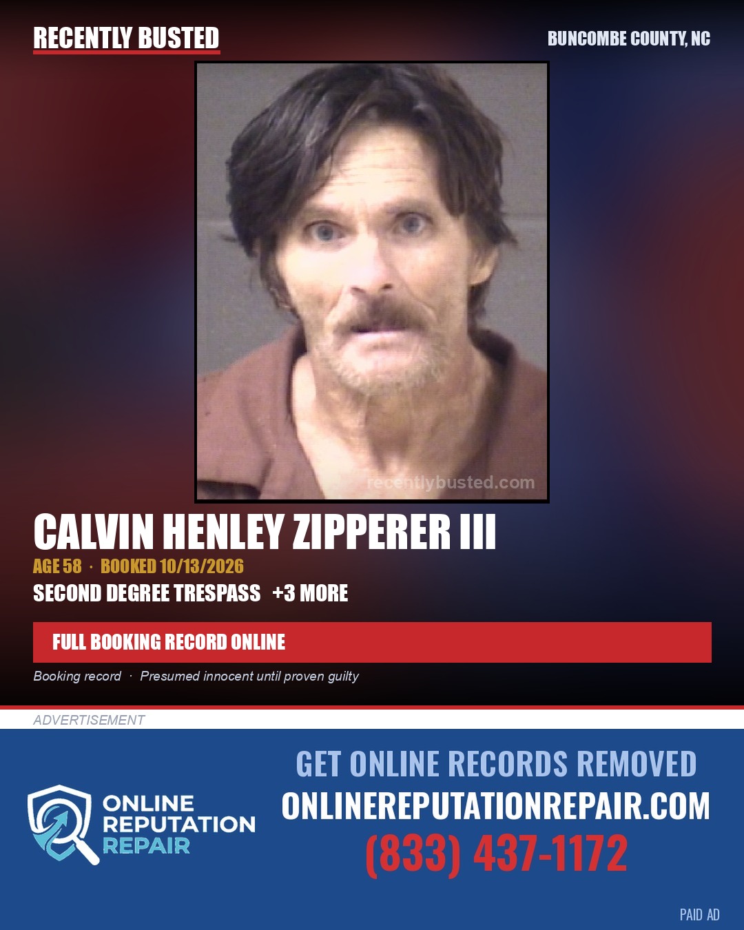 CALVIN HENLEY ZIPPERER III — arrest record card, Buncombe County, North Carolina