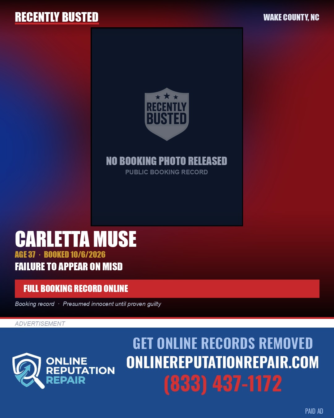 CARLETTA MUSE — arrest record card, Wake County, North Carolina