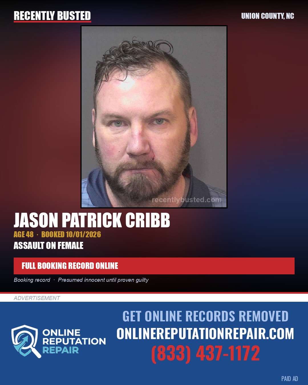 CRIBB, JASON PATRICK — arrest record card, Union County, North Carolina