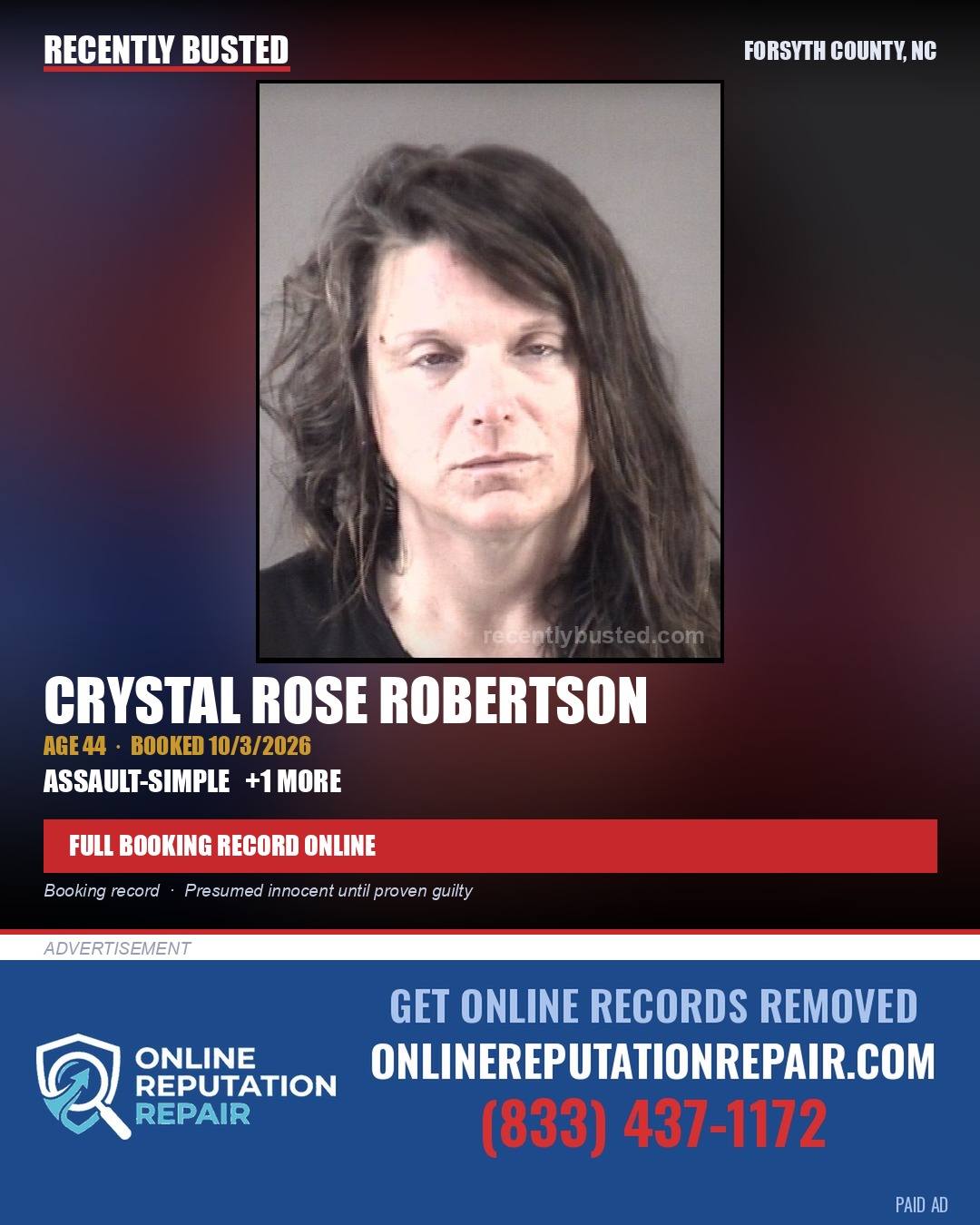 CRYSTAL ROSE ROBERTSON — arrest record card, Forsyth County, North Carolina