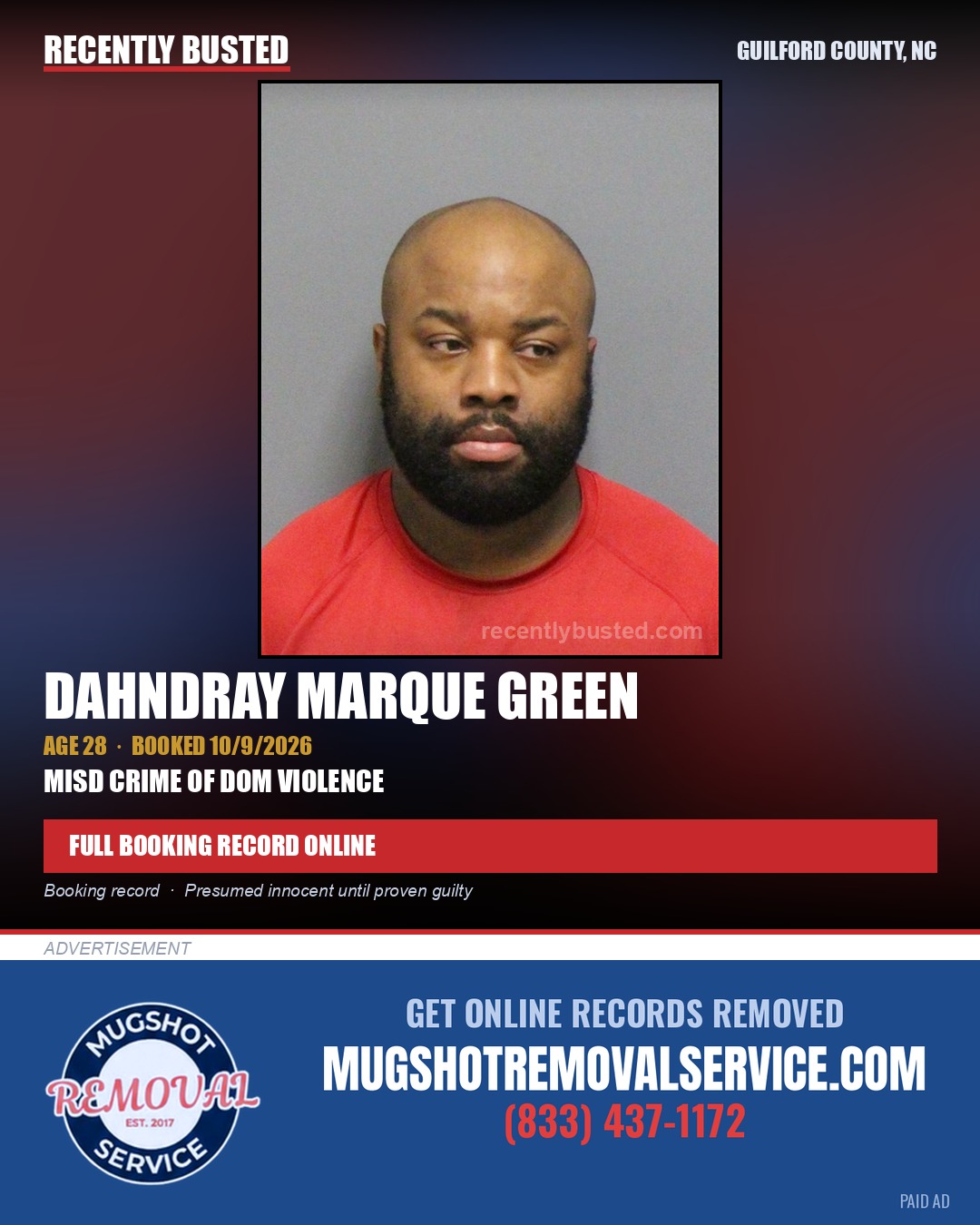DAHNDRAY MARQUE GREEN — arrest record card, Guilford County, North Carolina