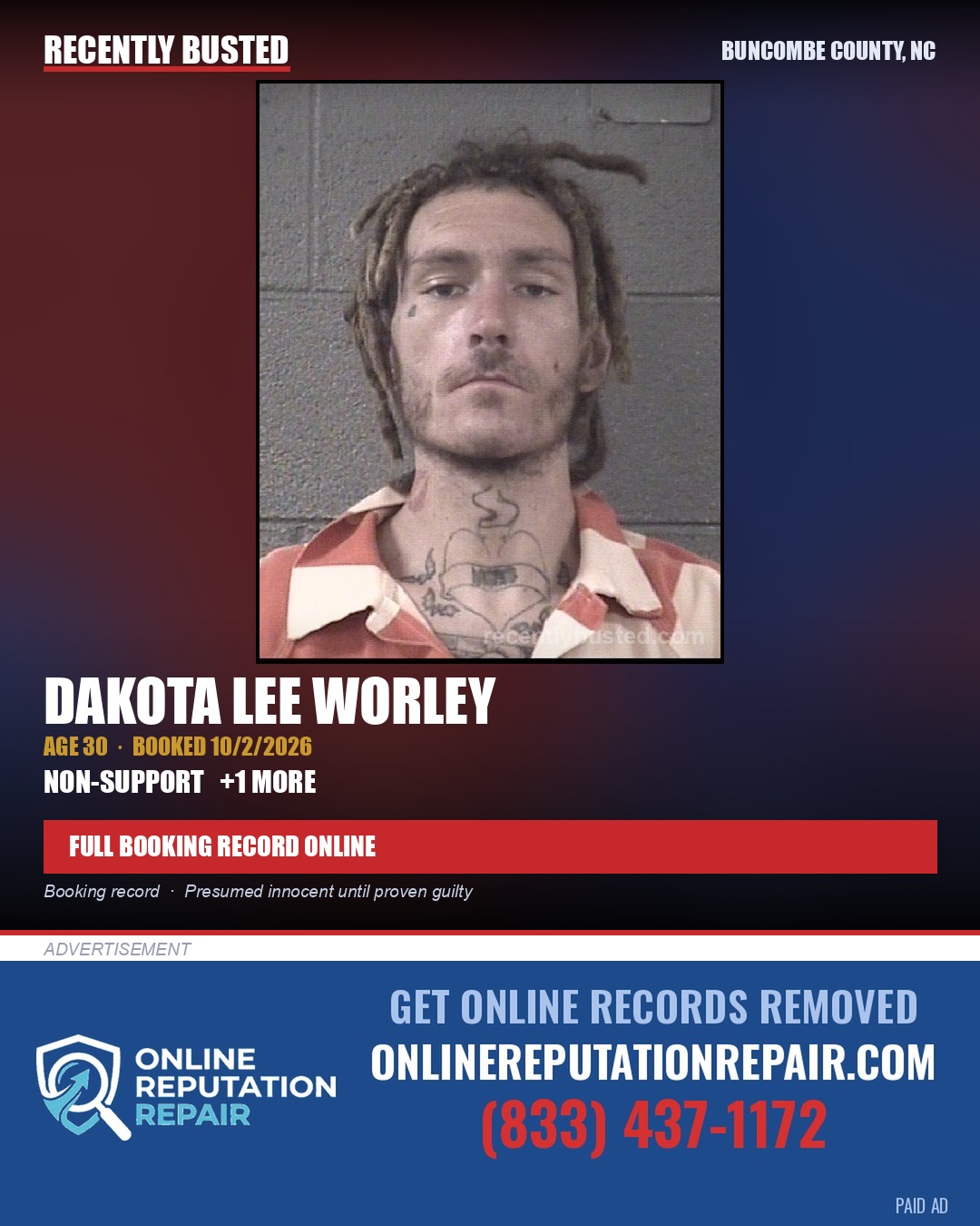DAKOTA LEE WORLEY — arrest record card, Buncombe County, North Carolina