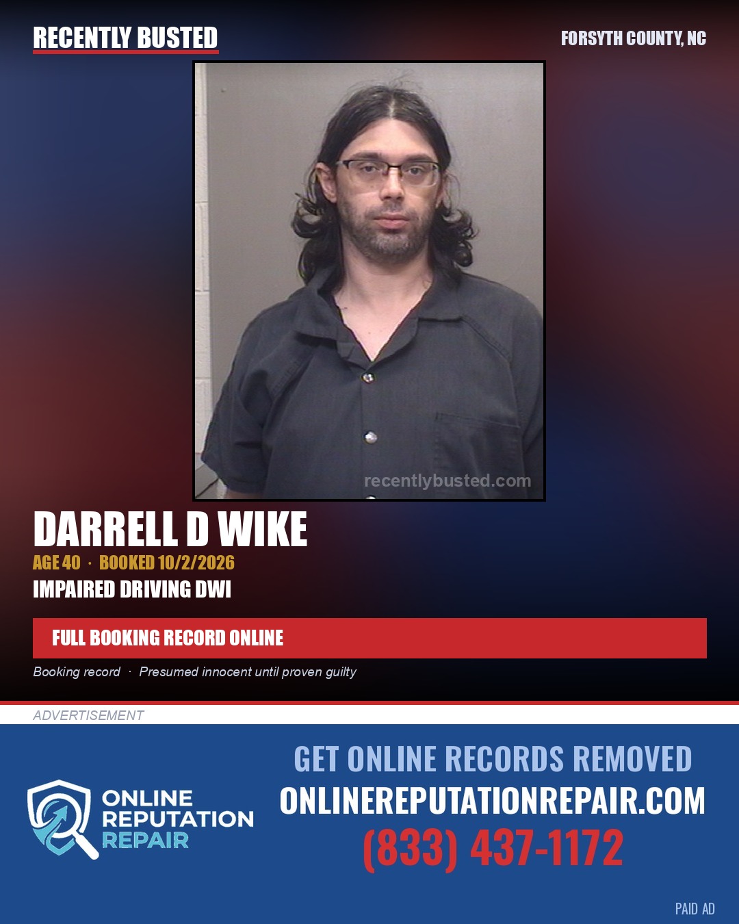 DARRELL D WIKE — arrest record card, Forsyth County, North Carolina