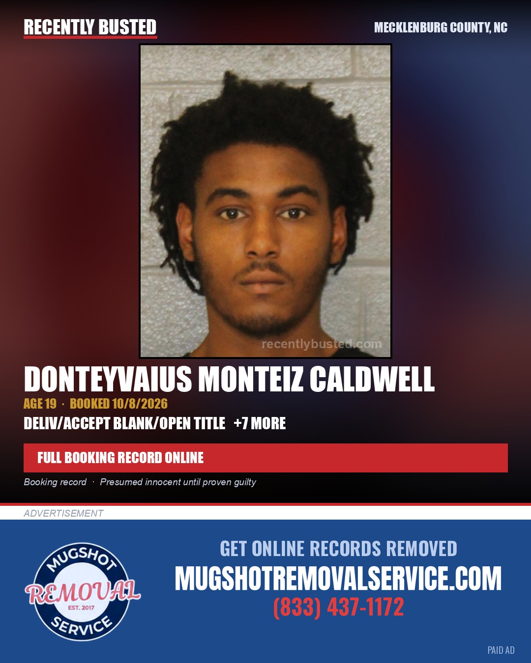 DONTEYVAIUS MONTEIZ CALDWELL — arrest record card, Mecklenburg County, North Carolina
