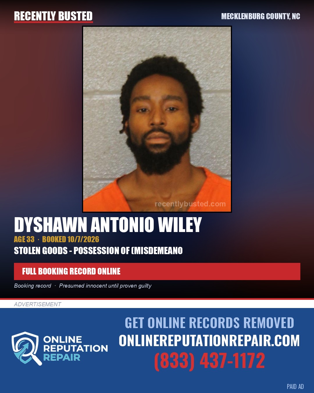 DYSHAWN ANTONIO WILEY — arrest record card, Mecklenburg County, North Carolina