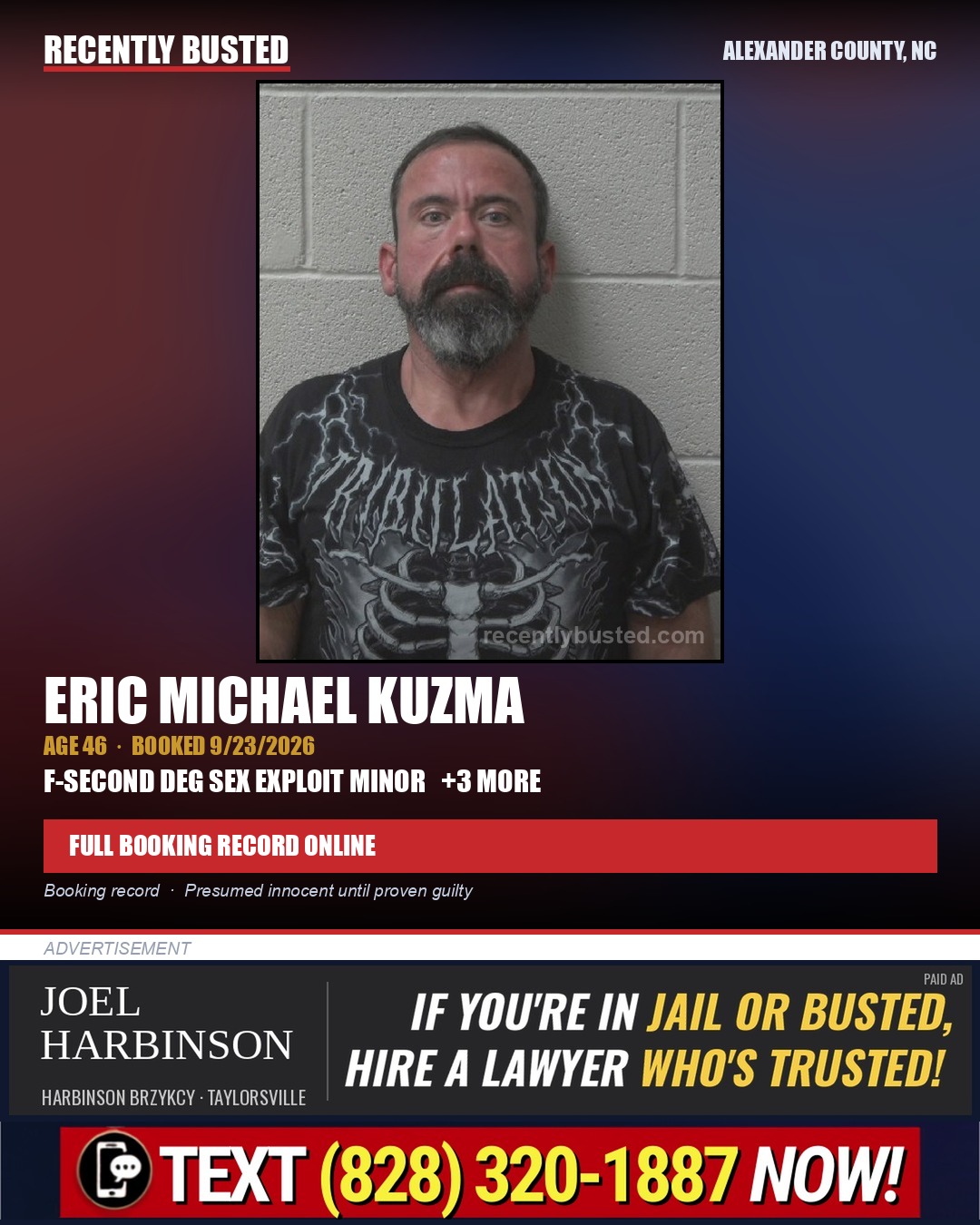 ERIC MICHAEL KUZMA — arrest record card, Alexander County, North Carolina