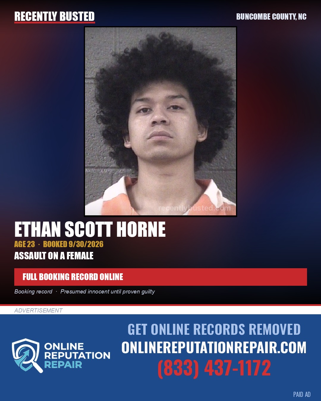 ETHAN SCOTT HORNE — arrest record card, Buncombe County, North Carolina