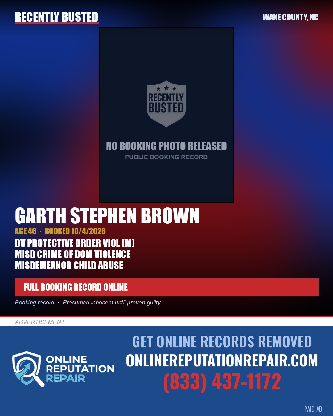 GARTH STEPHEN BROWN — arrest record card, Wake County, North Carolina