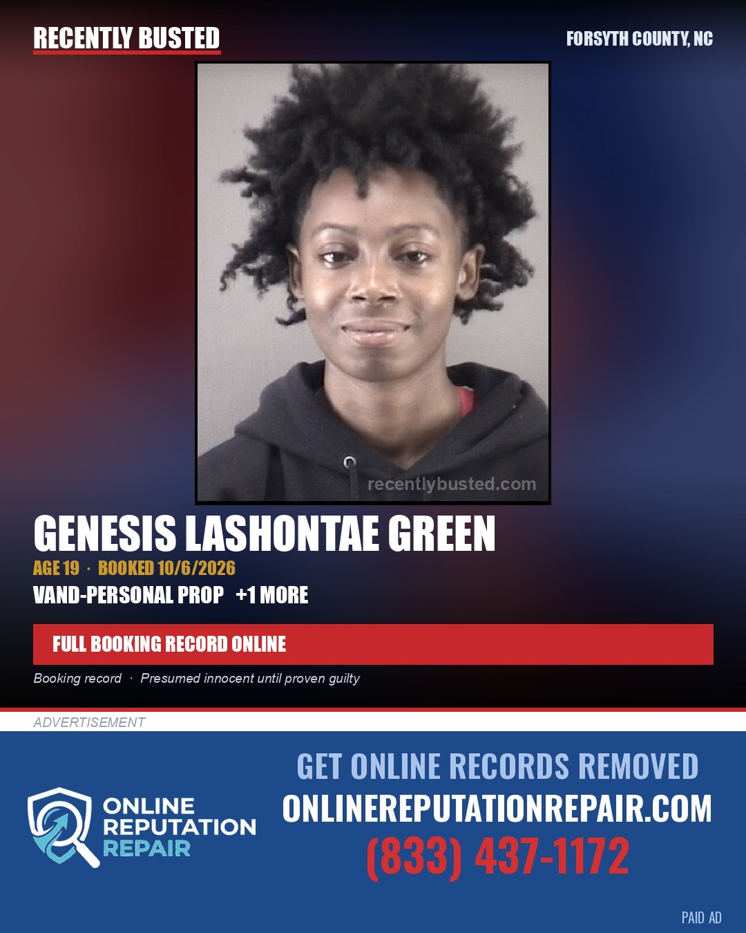 GENESIS LASHONTAE GREEN — arrest record card, Forsyth County, North Carolina