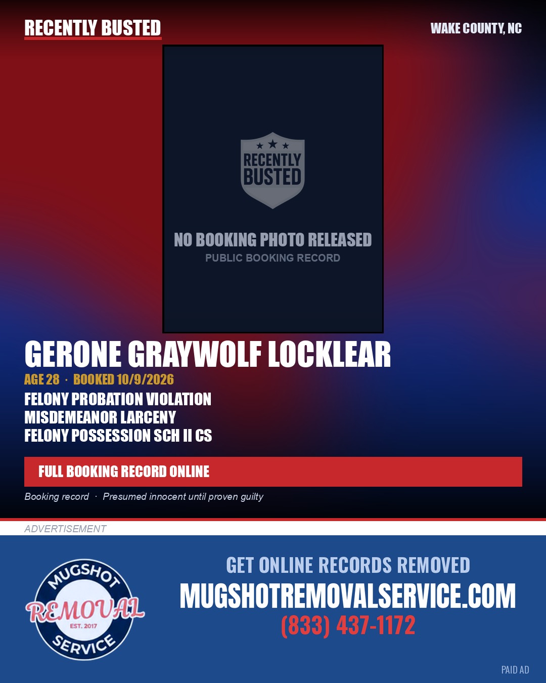 GERONE GRAYWOLF LOCKLEAR — arrest record card, Wake County, North Carolina