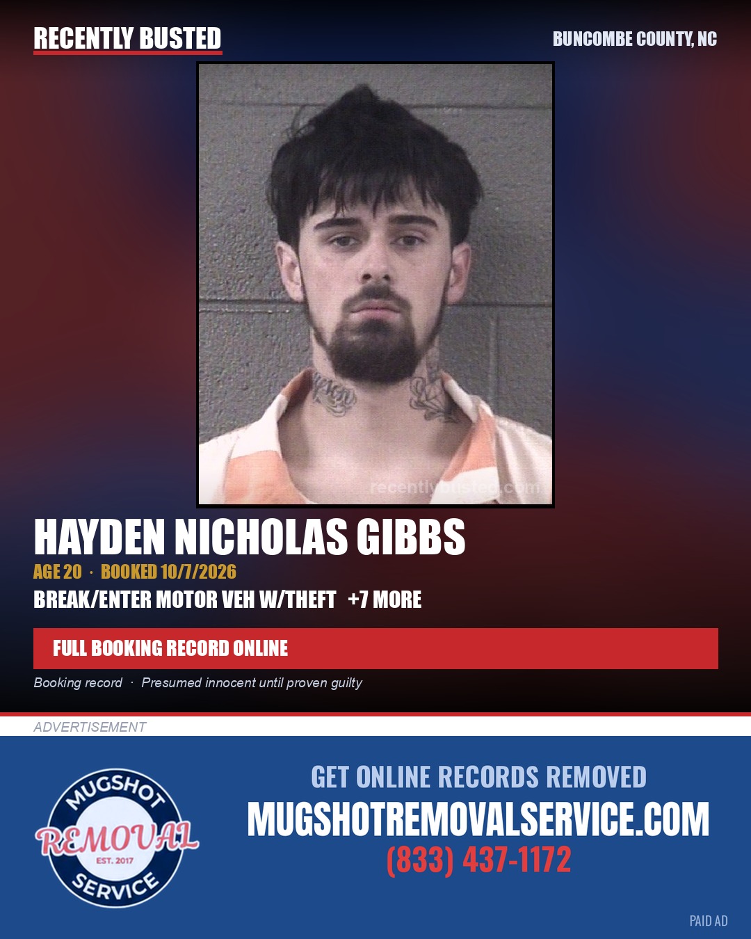 HAYDEN NICHOLAS GIBBS — arrest record card, Buncombe County, North Carolina