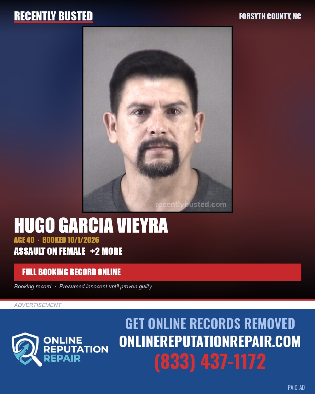 HUGO GARCIA VIEYRA — arrest record card, Forsyth County, North Carolina