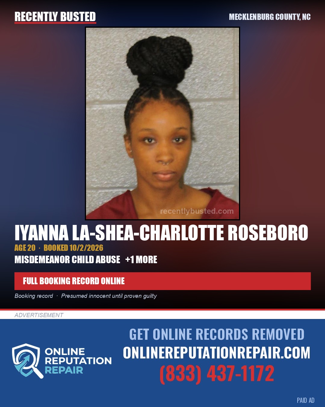 IYANNA LA-SHEA-CHARLOTTE ROSEBORO — arrest record card, Mecklenburg County, North Carolina