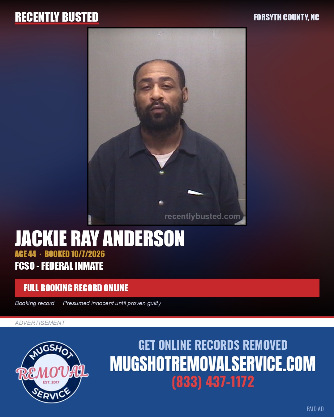 JACKIE RAY ANDERSON — arrest record card, Forsyth County, North Carolina