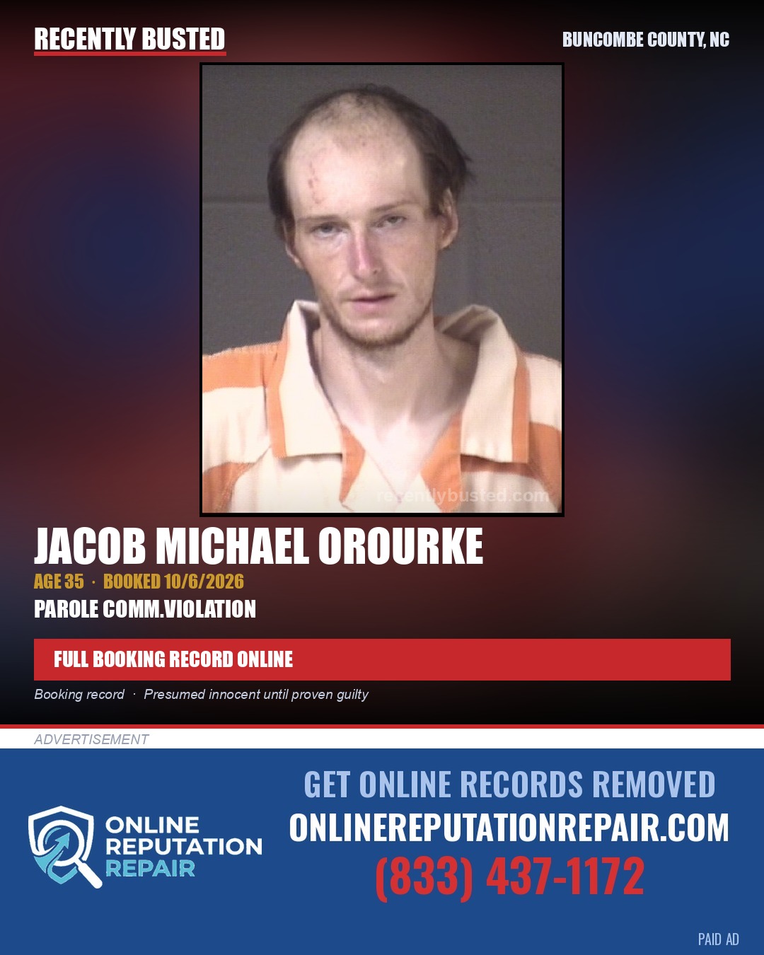 JACOB MICHAEL OROURKE — arrest record card, Buncombe County, North Carolina