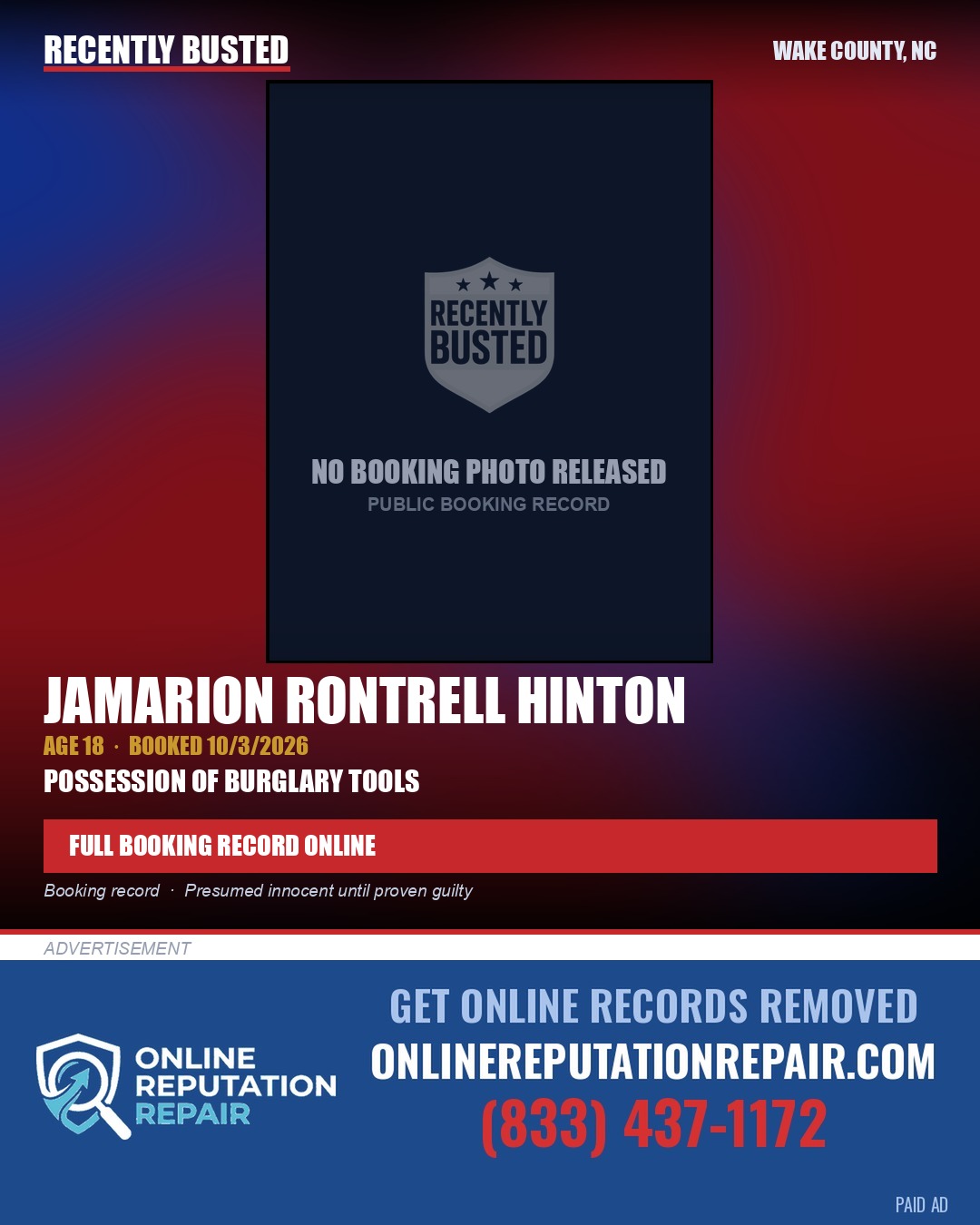 JAMARION RONTRELL HINTON — arrest record card, Wake County, North Carolina