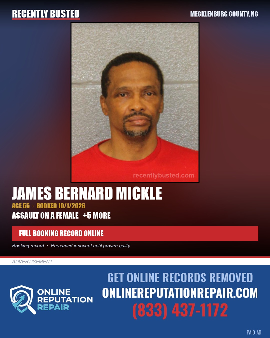 JAMES BERNARD MICKLE — arrest record card, Mecklenburg County, North Carolina