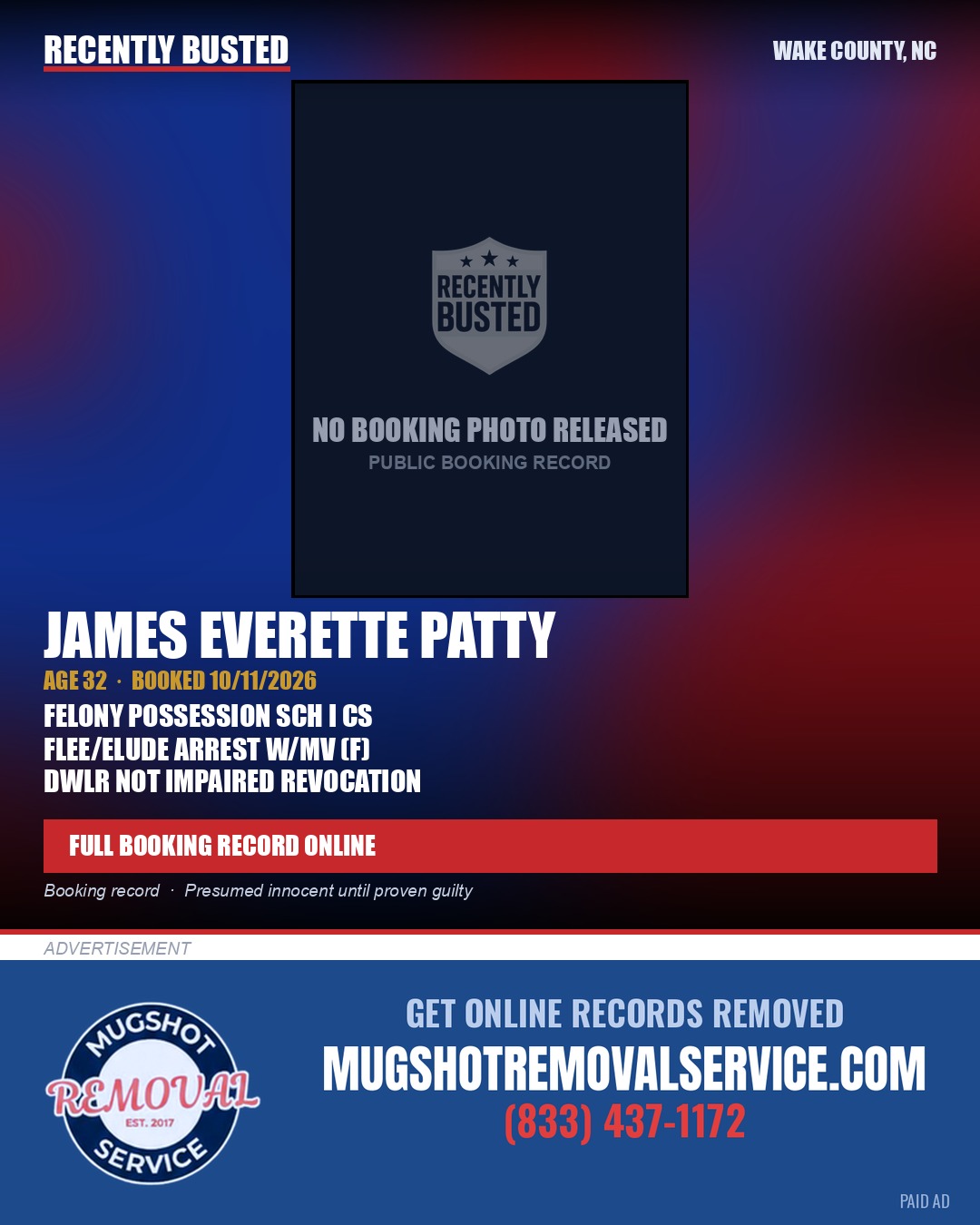 JAMES EVERETTE PATTY — arrest record card, Wake County, North Carolina